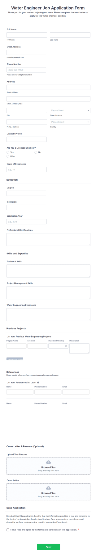 Water Engineer Job Application Form Template