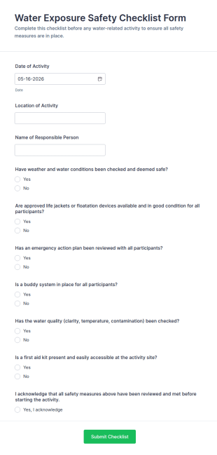 Water Exposure Safety Checklist Form Template