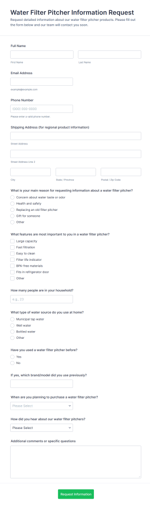 Water Filter Pitcher Information Request Form Template