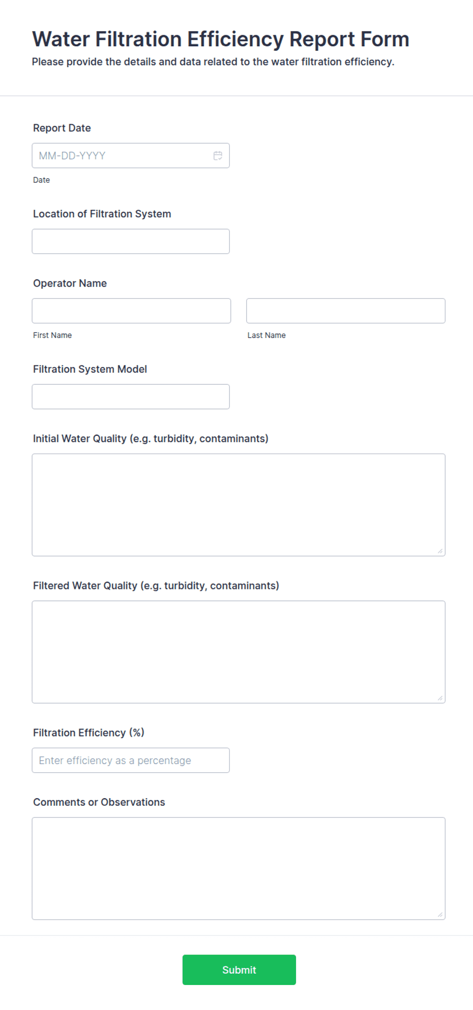 Water Filtration Efficiency Report Form Template | Jotform