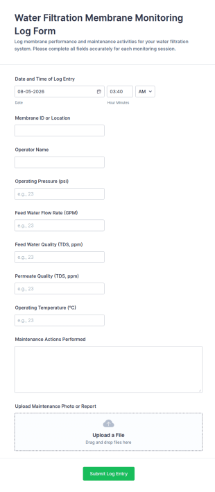 Water Filtration Membrane Monitoring Log Form Template