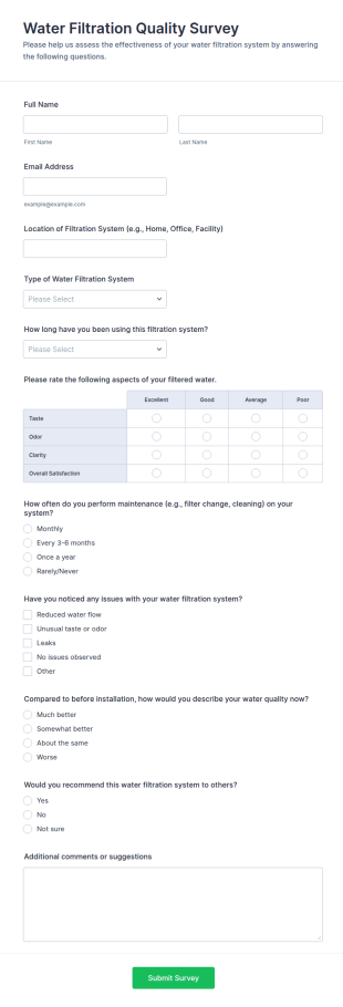 Water Filtration Quality Survey Form Template