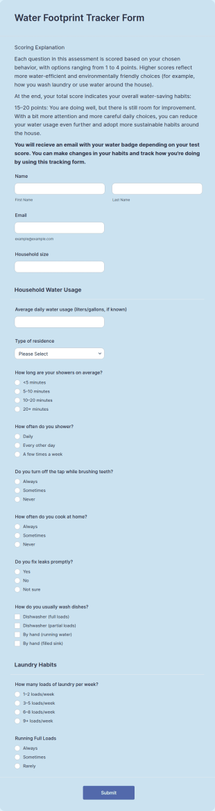 Water Footprint Tracker Form Template