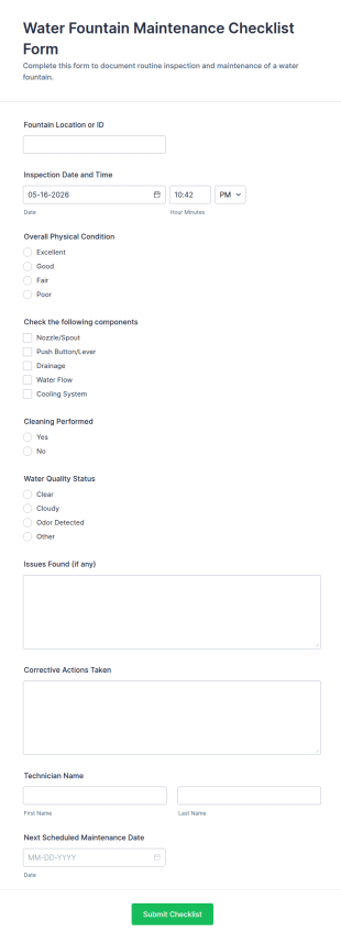Water Fountain Maintenance Checklist Form Template