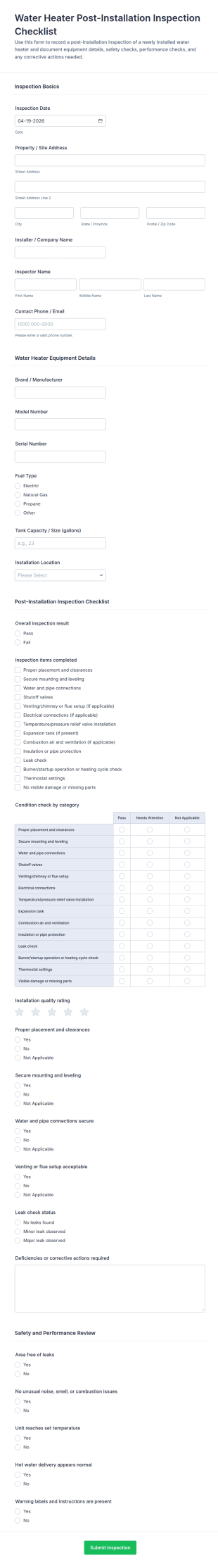 Water Heater Post Installation Inspection Checklist Form Template