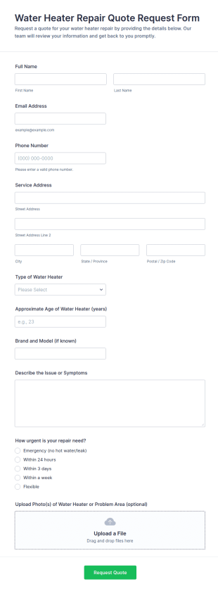 Water Heater Repair Quote Request Form Template