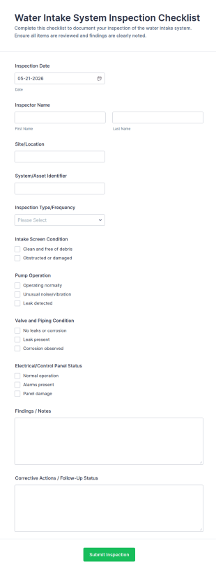 Water Intake System Inspection Checklist Form Template