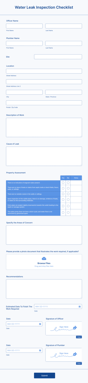 Water Leak Inspection Checklist Form Template