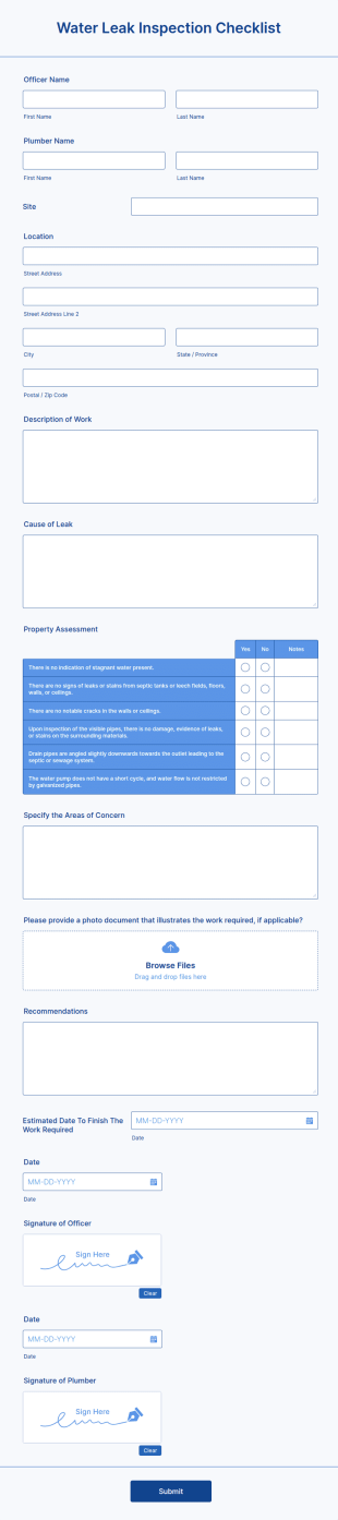 Water Leak Inspection Checklist Form Template