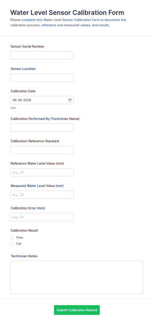 Water Level Sensor Calibration Form Template