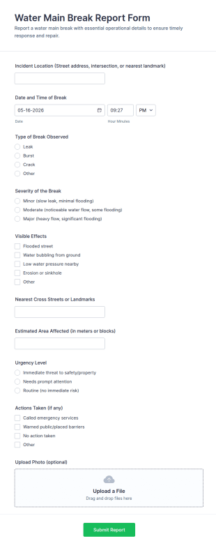 Water Main Break Report Form Template