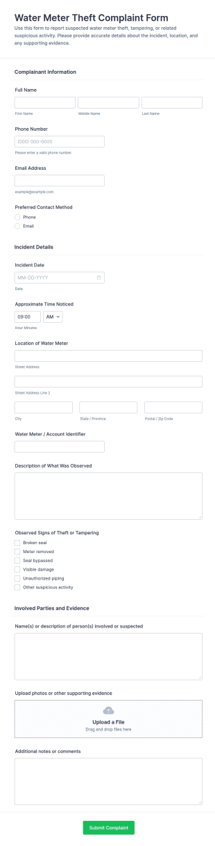 Water Meter Theft Complaint Form Template