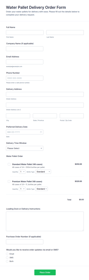 Water Pallet Delivery Order Form Template