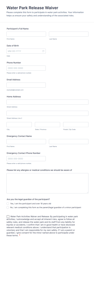 Water Park Release Waiver Form Template