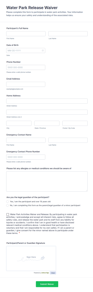 Water Park Release Waiver Form Template