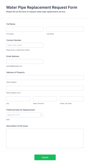 Water Pipe Replacement Request Form Template