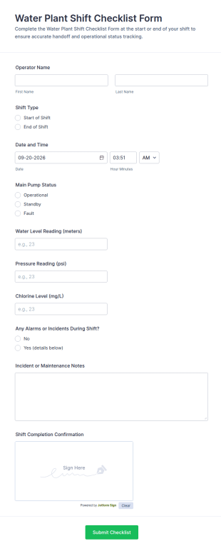 Water Plant Shift Checklist Form Template