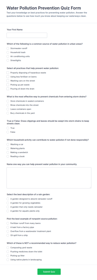Water Pollution Prevention Quiz Form Template
