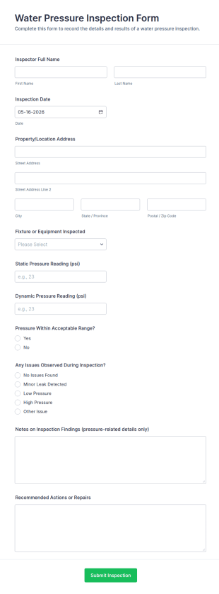 Water Pressure Inspection Form Template
