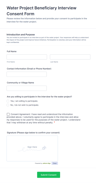 Water Project Beneficiary Interview Consent Form Template