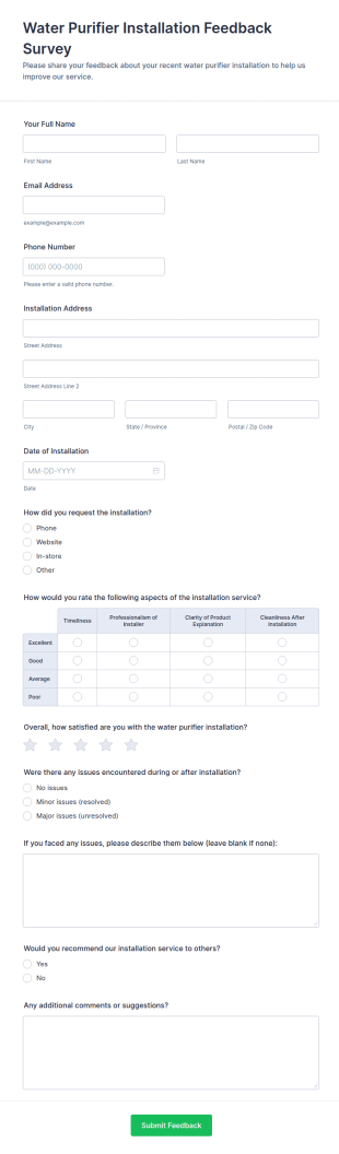 Water Purifier Installation Feedback Survey Form Template