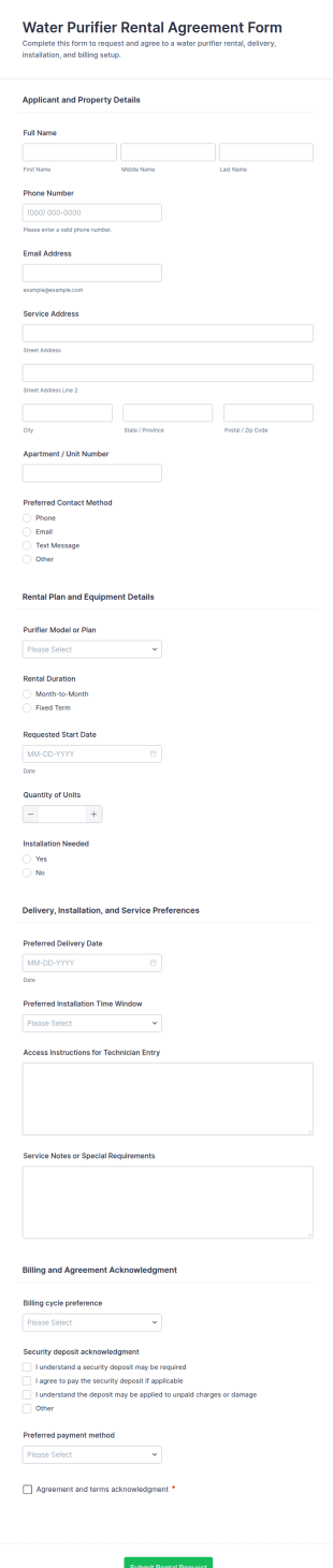 Water Purifier Rental Agreement Form Template