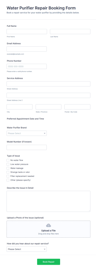 Water Purifier Repair Booking Form Template