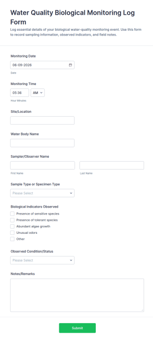 Water Quality Biological Monitoring Log Form Template