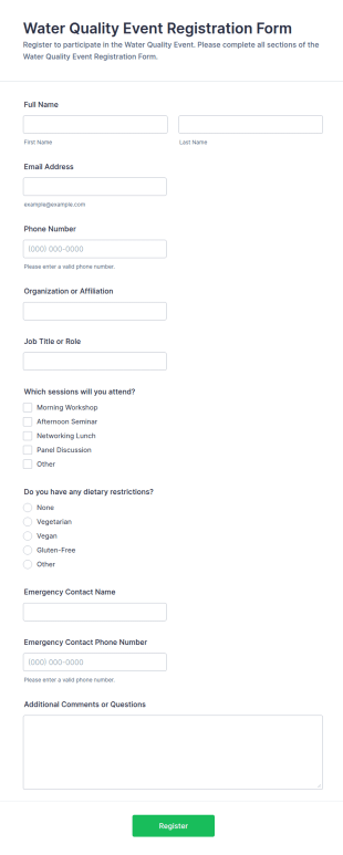Water Quality Event Registration Form Template