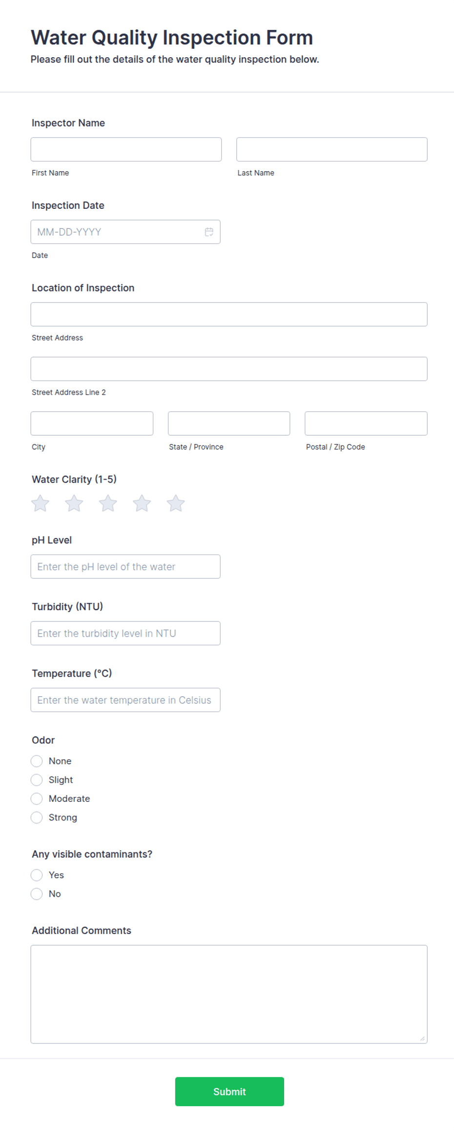 Water Quality Inspection Form Template | Jotform