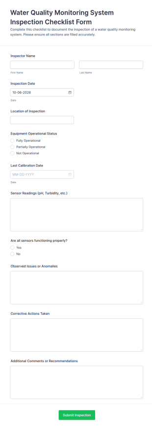 Water Quality Monitoring System Inspection Checklist Form Template