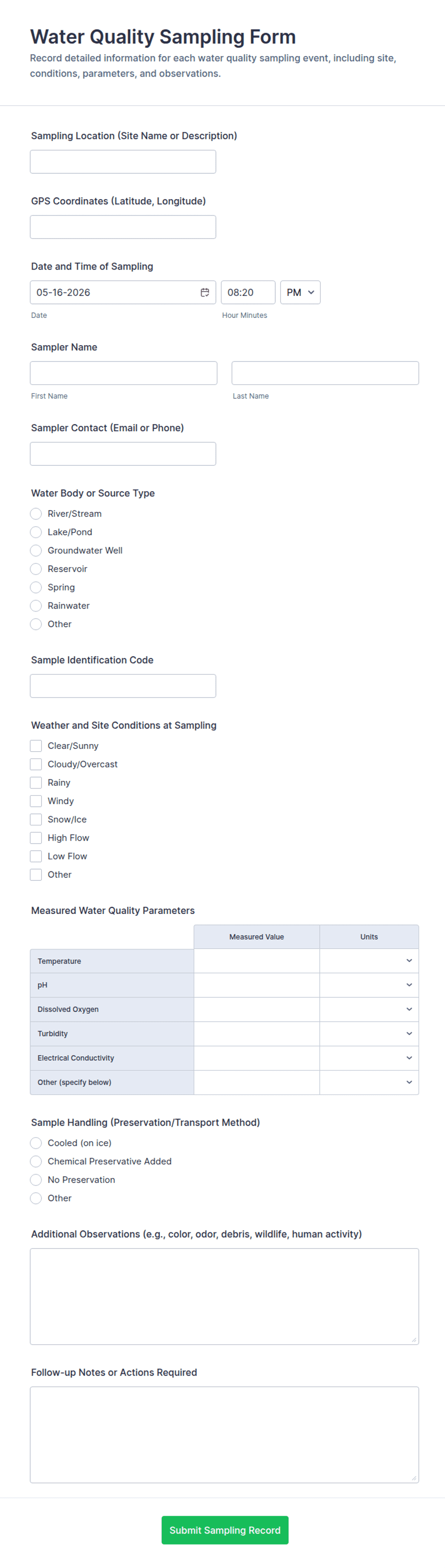 Water Quality Sampling Form Template | Jotform