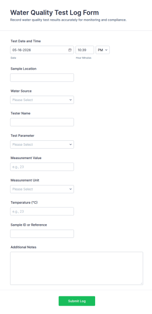 Water Quality Test Log Form Template
