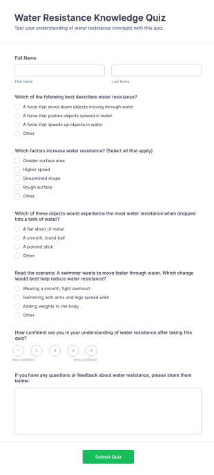 Water Resistance Knowledge Quiz Form Template