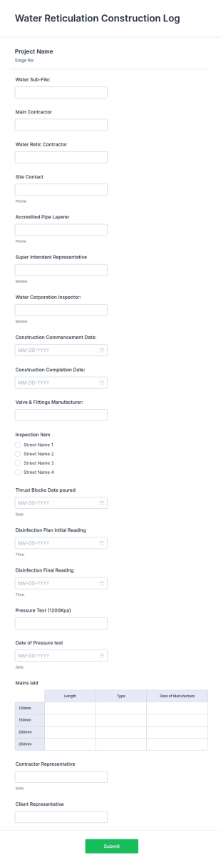 Water Reticulation Log Form Template