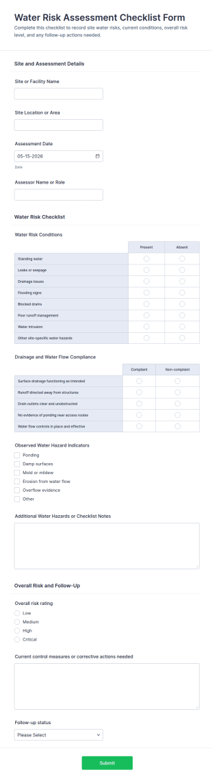 Water Risk Assessment Checklist Form Template