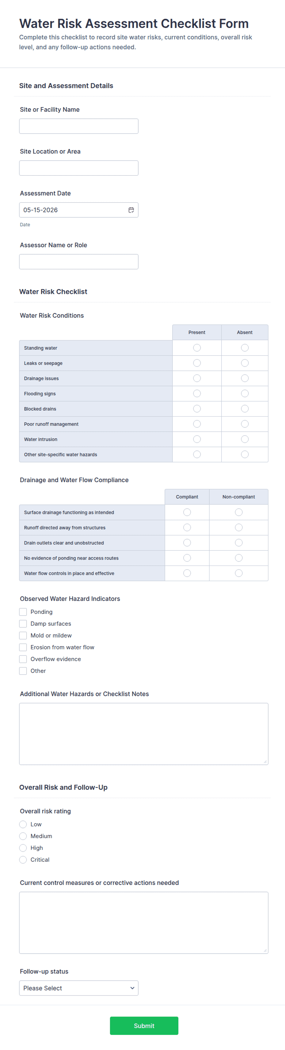 Water Risk Assessment Checklist Form Template | Jotform