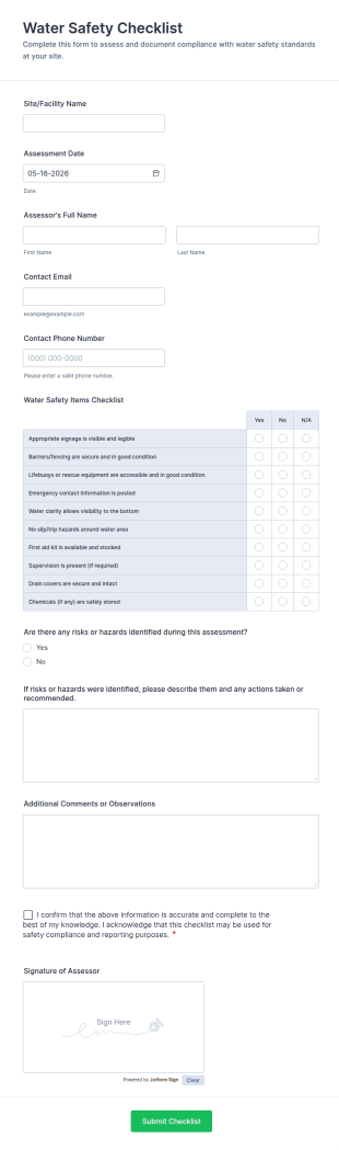 Water Safety Checklist Form Template