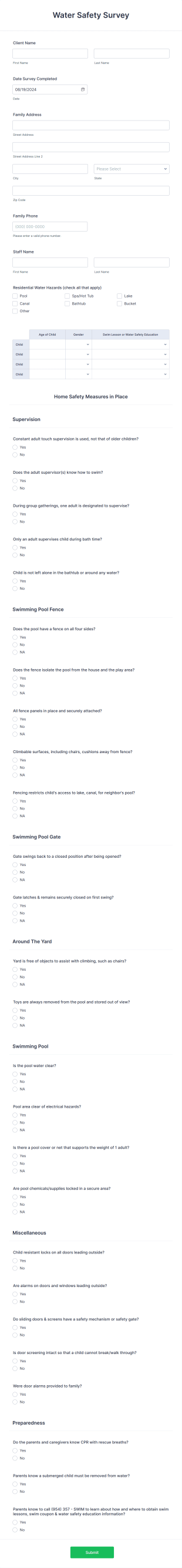 Water Safety Survey Form Template