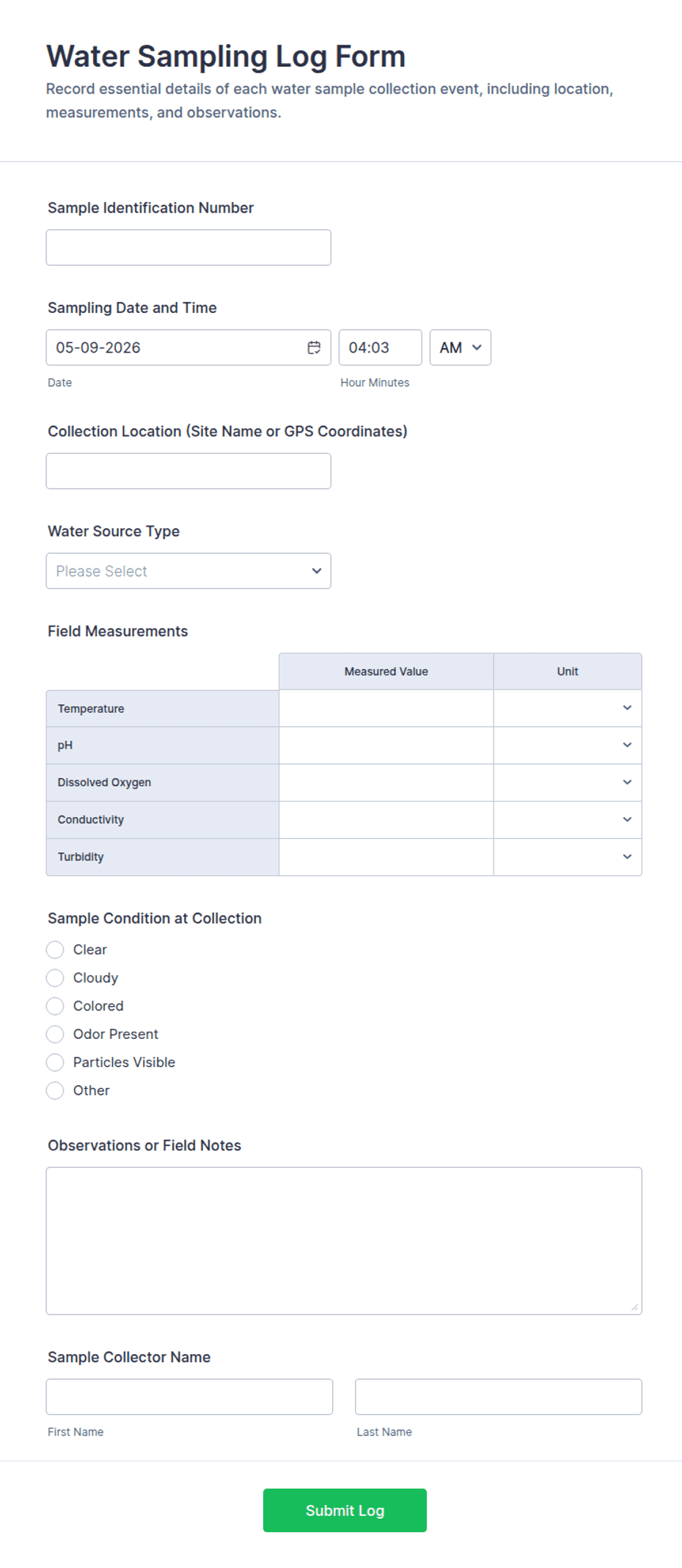Water Sampling Log Form Template | Jotform