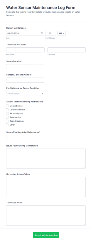 Water Sensor Maintenance Log Form Template