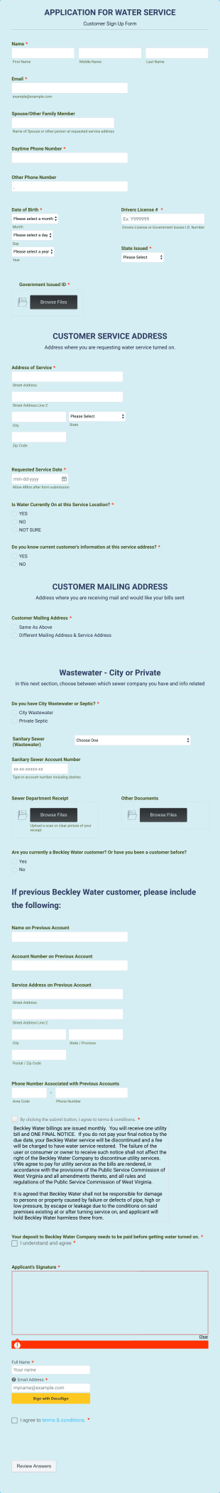 Water Service Application Form Template