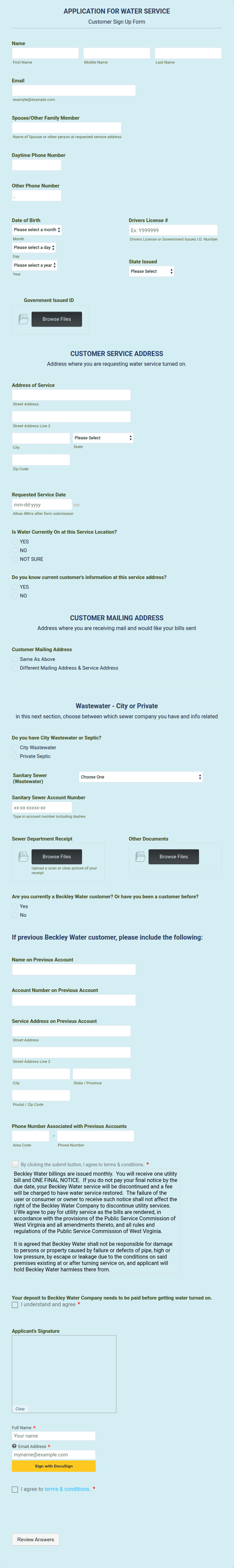 Water Service Application Form Template | Jotform