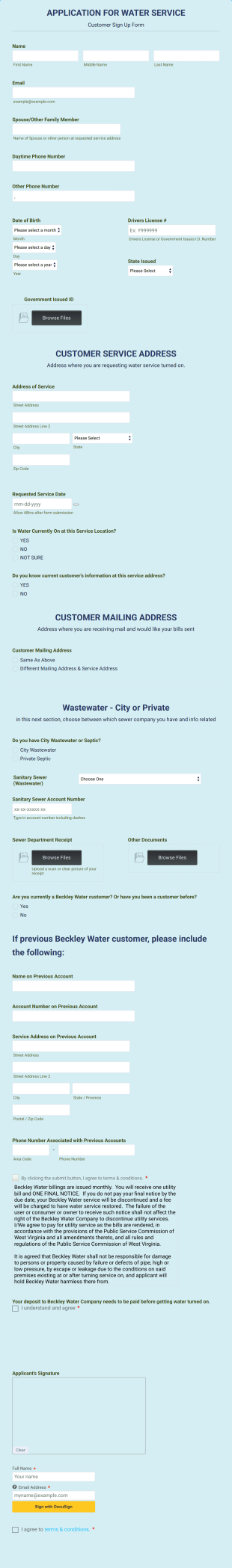 Water Service Application Form Template