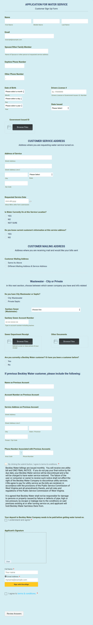 Water Service Application Form Template