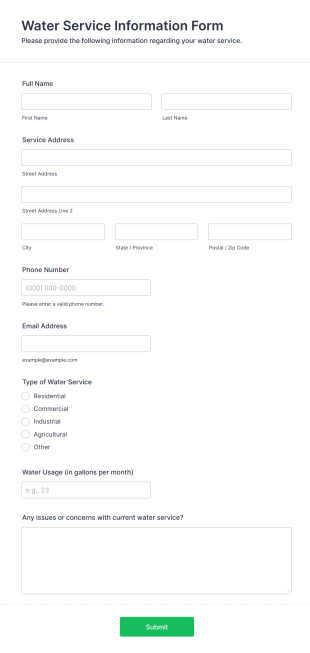Water Service Information Form Template