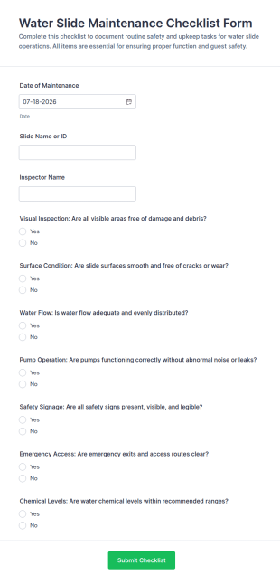 Water Slide Maintenance Checklist Form Template
