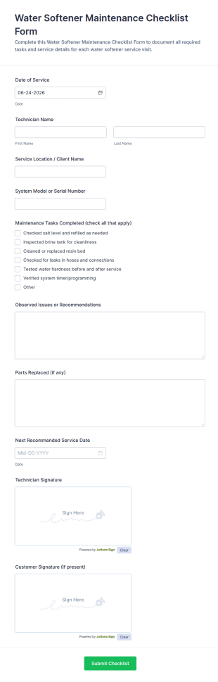 Water Softener Maintenance Checklist Form Template