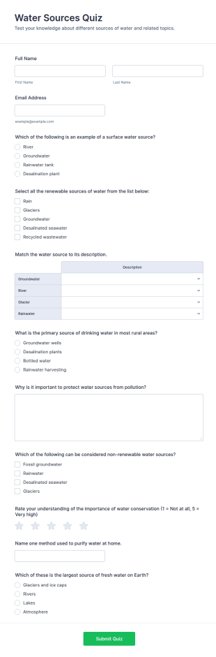 Water Sources Quiz Form Template
