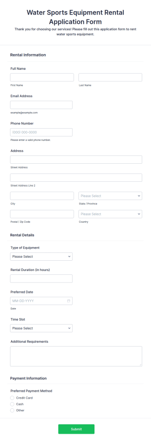 Water Sports Equipment Rental Application Form Template